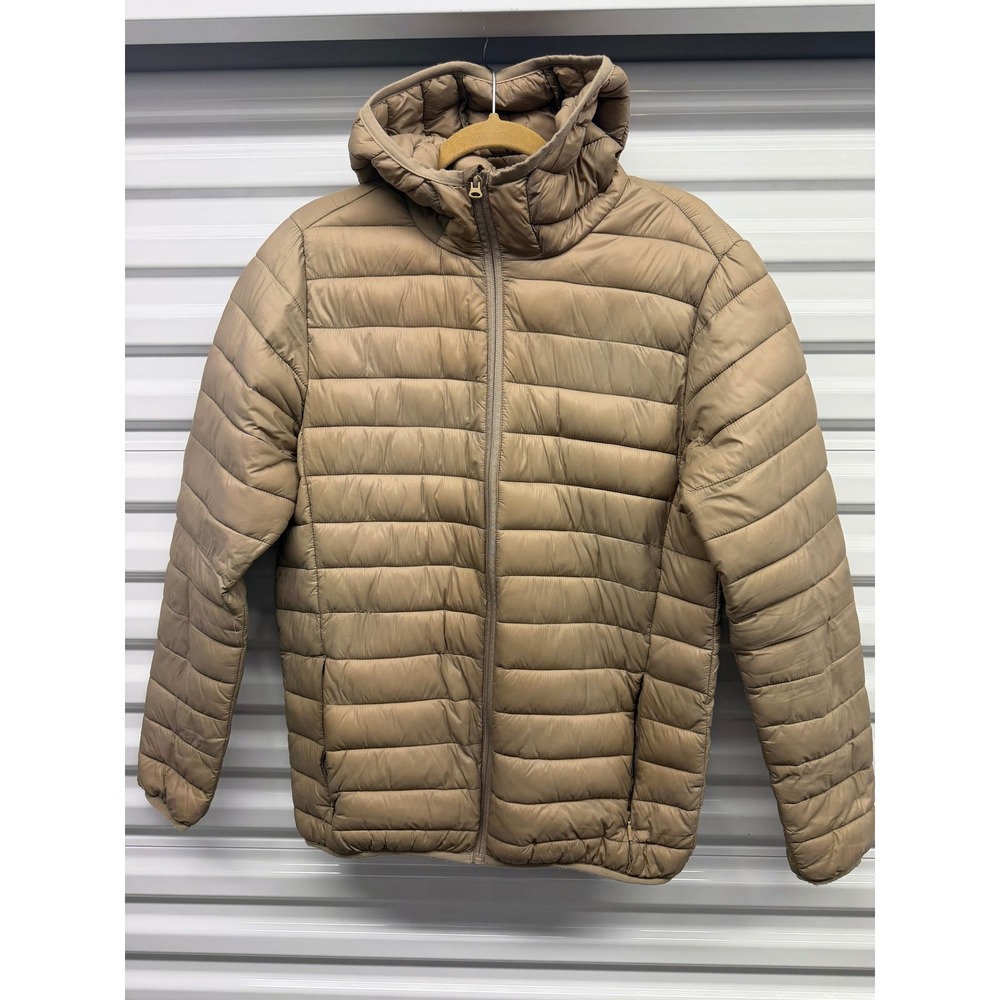 HM Divided Mens Hooded Puffer Jacket Tan Khaki Quilted Full Zip Coat Size Medium